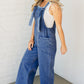 Prussian Blue Mineral Wash Knotted Strap Patched Pocket Wide Leg Denim Overalls