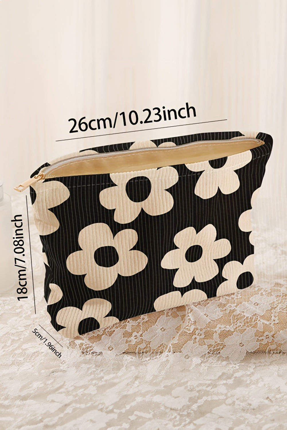 Black Colorful Flower Printed Rib Textured Cosmetic Bag