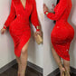 Glitter V Neck Long Sleeve Bodycon Midi Dress Ruched Slit Asymmetrical Formal Cocktail Party Dresses