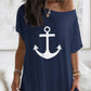 Anchor Print Cold Shoulder Short Sleeve Dress Casual Pocket Design Loose Fit Maxi Dress