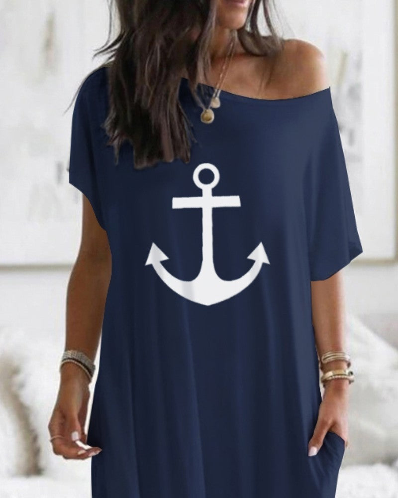 Anchor Print Cold Shoulder Short Sleeve Dress Casual Pocket Design Loose Fit Maxi Dress