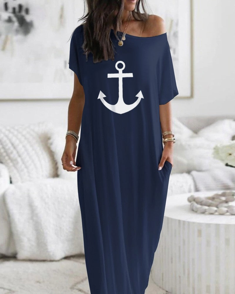 Anchor Print Cold Shoulder Short Sleeve Dress Casual Pocket Design Loose Fit Maxi Dress