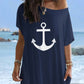 Anchor Print Cold Shoulder Short Sleeve Dress Casual Pocket Design Loose Fit Maxi Dress