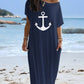 Anchor Print Cold Shoulder Short Sleeve Dress Casual Pocket Design Loose Fit Maxi Dress