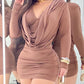 Cowl Neck Long Sleeve Ruched Bodycon Dress Slim Fit Mini Dress