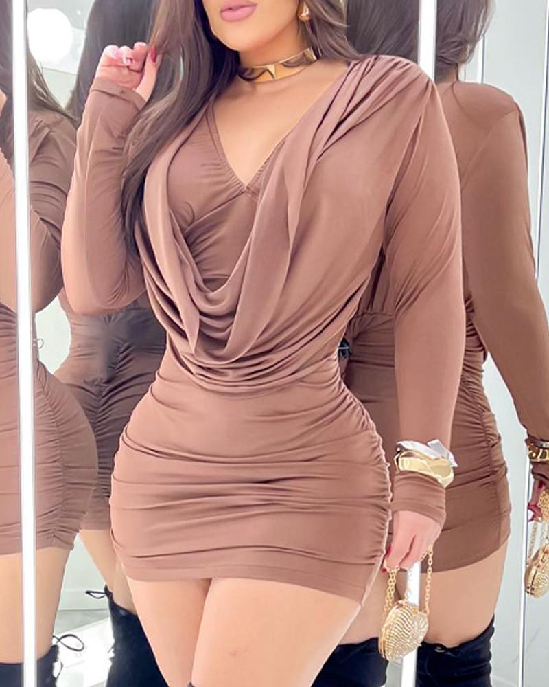 Cowl Neck Long Sleeve Ruched Bodycon Dress Slim Fit Mini Dress