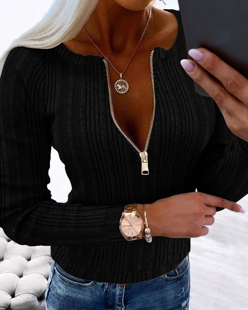 Zipper Design Ribbed Skinny Top