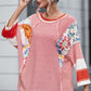 Fiery Red Pinstriped Color Block Patchwork Oversized Top