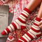 Fiery Red Christmas Color Block Ribbed Crew Socks