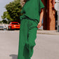 Dark Green Textured Loose Fit T Shirt and Drawstring Pants Set