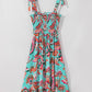 Green Abstract Print Smocked Bodice Knotted Straps Ruffled Maxi Dress