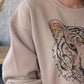 Tiger Leopard Pattern Round Neck Rhinestone Decor Fleece Lined Sweatshirt