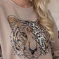 Tiger Leopard Pattern Round Neck Rhinestone Decor Fleece Lined Sweatshirt