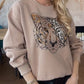 Tiger Leopard Pattern Round Neck Rhinestone Decor Fleece Lined Sweatshirt