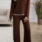 Coffee Contrast Trim Split Cuffs Long 2pcs Sweater Outfit Loungewear