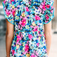 Blue Floral Flutter Sleeve Tied Notched Neck Plus Size Blouse