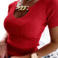 V Neck Chain Decor Short Sleeve Knit Top Dressy Casual Slim Fit Pullover