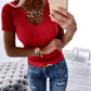 V Neck Chain Decor Short Sleeve Knit Top Dressy Casual Slim Fit Pullover