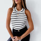 White Striped Print Ribbed O-neck Sleeveless Top