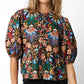 Black Tropical Print Bubble Sleeve Knot Front Blouse