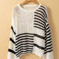 White Stripe Contrast Striped Crochet Puff Sleeve Sweater