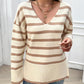 Striped V Neck Long Sleeve Side Slit Knit Sweater