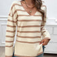 Striped V Neck Long Sleeve Side Slit Knit Sweater