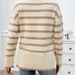 Striped V Neck Long Sleeve Side Slit Knit Sweater