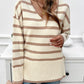 Striped V Neck Long Sleeve Side Slit Knit Sweater