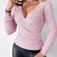 V Neck Ruched Side Button Decor Knit Sweater Slim Fit Pullover Top