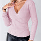 V Neck Ruched Side Button Decor Knit Sweater Slim Fit Pullover Top