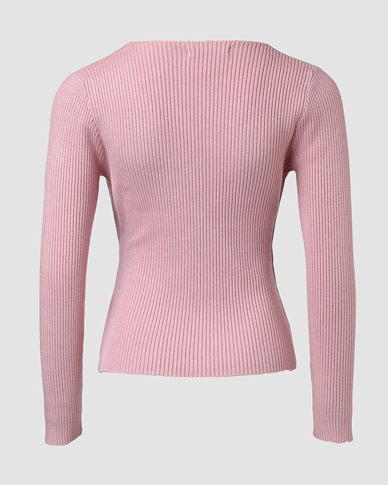 V Neck Ruched Side Button Decor Knit Sweater Slim Fit Pullover Top