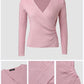 V Neck Ruched Side Button Decor Knit Sweater Slim Fit Pullover Top