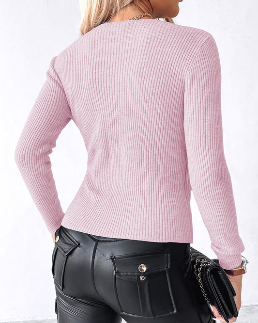 V Neck Ruched Side Button Decor Knit Sweater Slim Fit Pullover Top