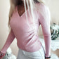 V Neck Ruched Side Button Decor Knit Sweater Slim Fit Pullover Top