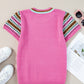 Bright Pink Contrast Printed Cap Sleeves Crewneck Sweater