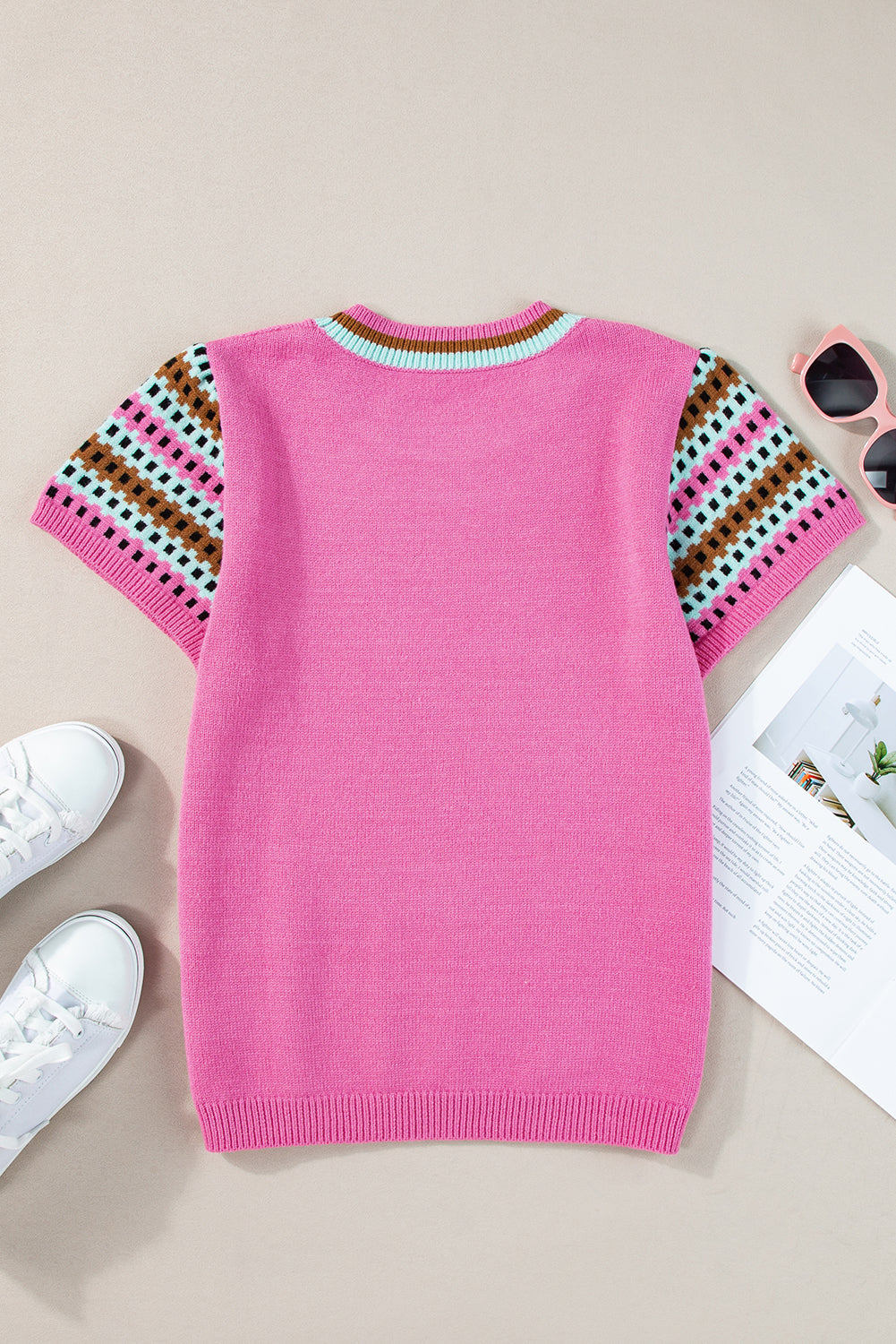 Bright Pink Contrast Printed Cap Sleeves Crewneck Sweater