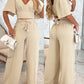 2 Pieces Outfits V Neck Short Bell Sleeve Ruched Top and Casual Pocket Design Drawstring Pants Set