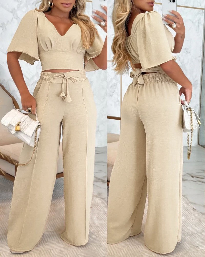 2 Pieces Outfits V Neck Short Bell Sleeve Ruched Top and Casual Pocket Design Drawstring Pants Set