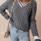 Medium Grey Color Contrast Ribbed Edge Cable Knit V Neck Sweater