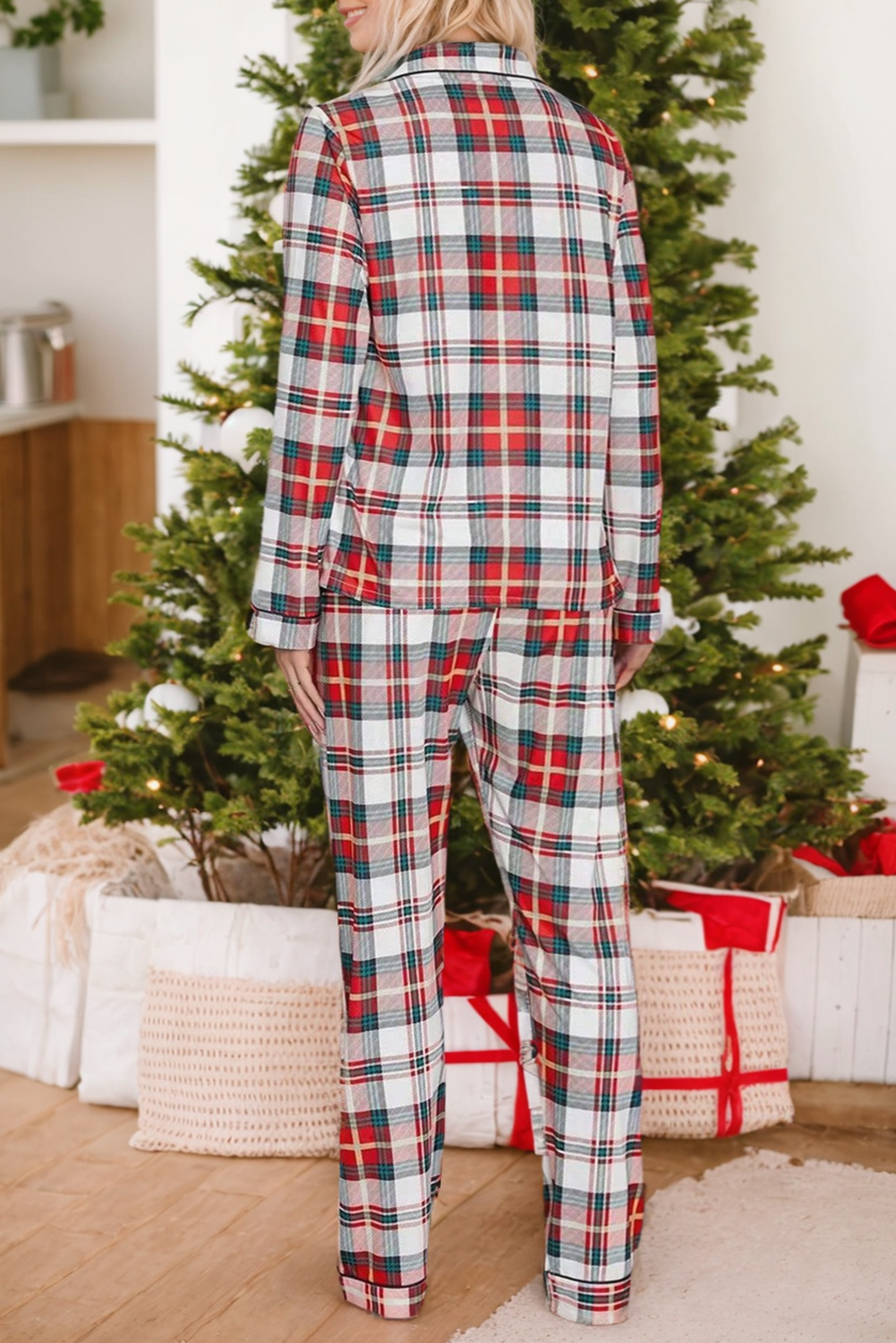 Red Christmas Plaid Print Two Piece Long Sleeve Pajamas Set