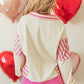 Pink Stripe Patchwork Sequin Heart Pattern Long Sleeve Collared Split Top