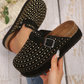 Black Rivet Buckle Closed Toe Platform Slippers