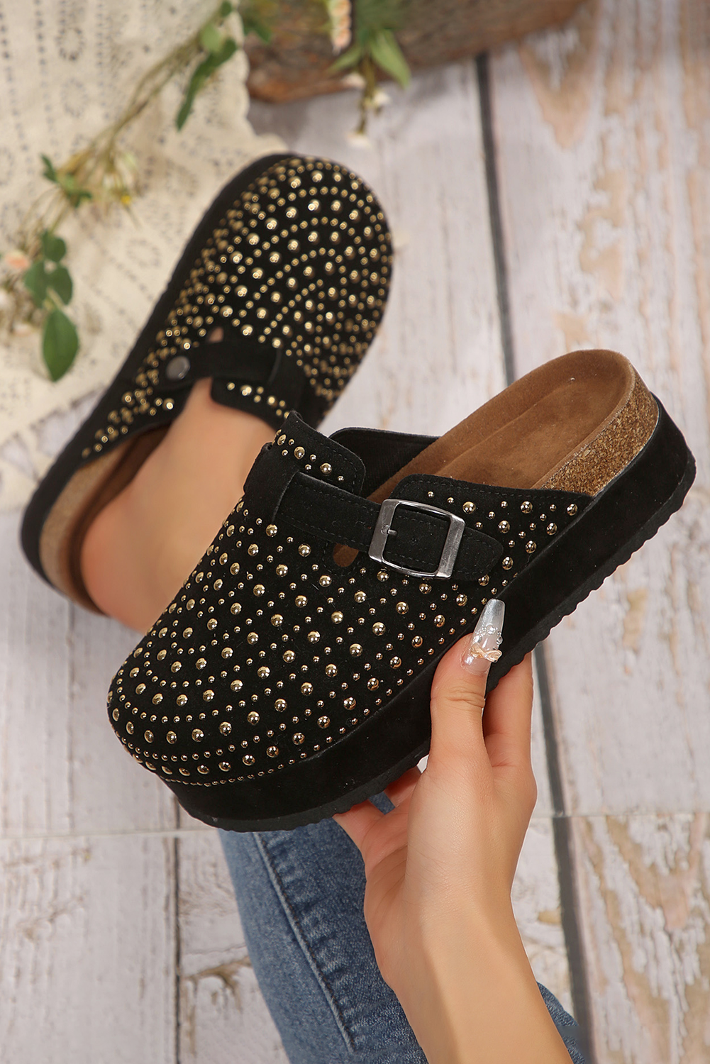 Black Rivet Buckle Closed Toe Platform Slippers