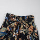 Multicolour Floral Shirred High Waist Wide Leg Pants with Tie