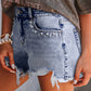 Beau Blue Pearl Studded Pockets Raw Hem Denim Shorts