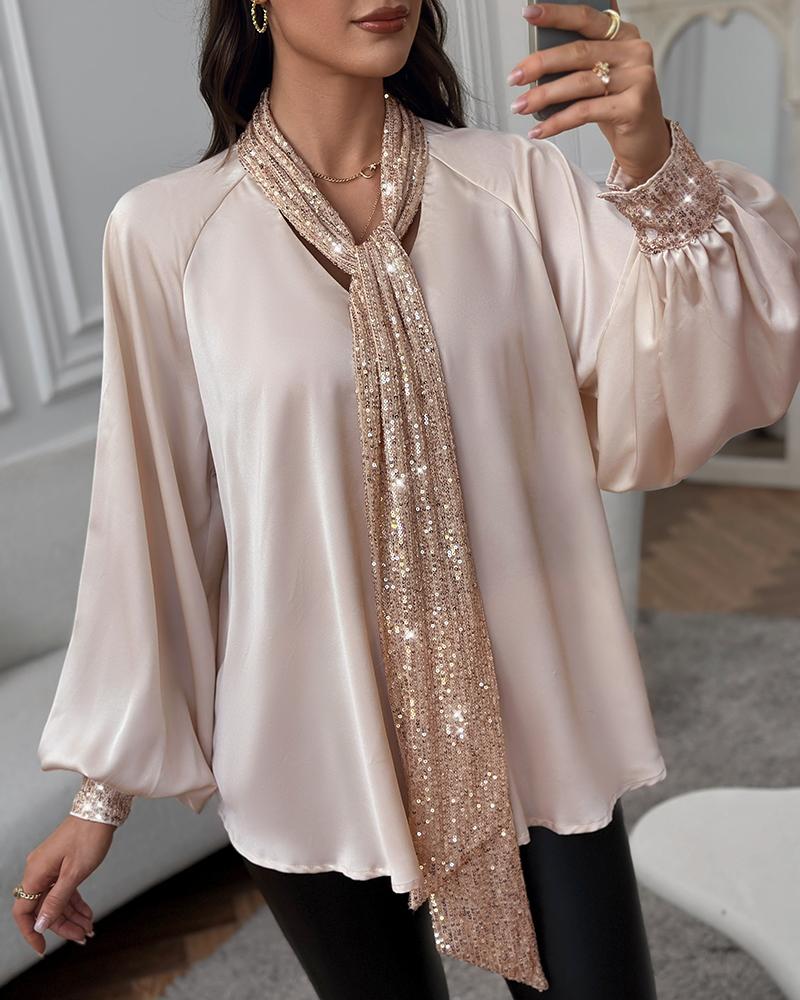 Tie Neck Contrast Sequin Lantern Sleeve Top