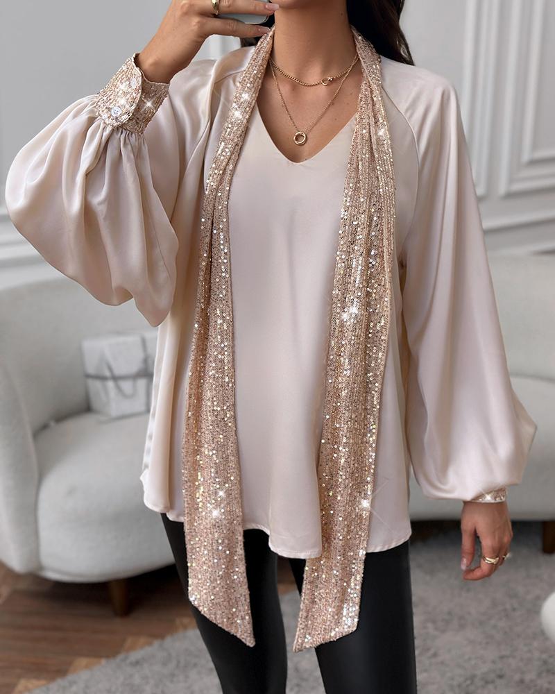 Tie Neck Contrast Sequin Lantern Sleeve Top