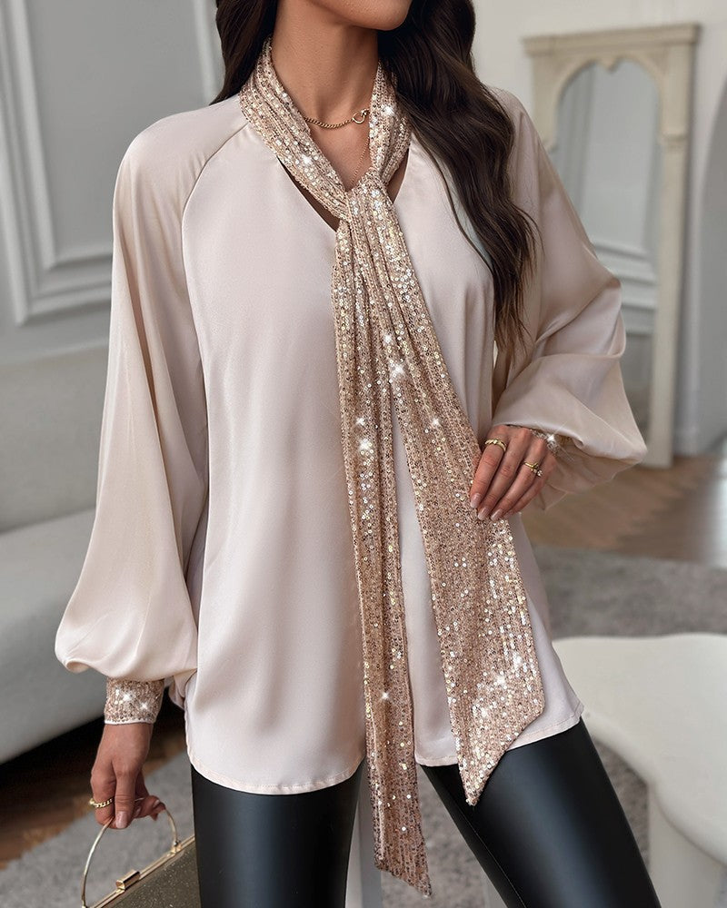 Tie Neck Contrast Sequin Lantern Sleeve Top