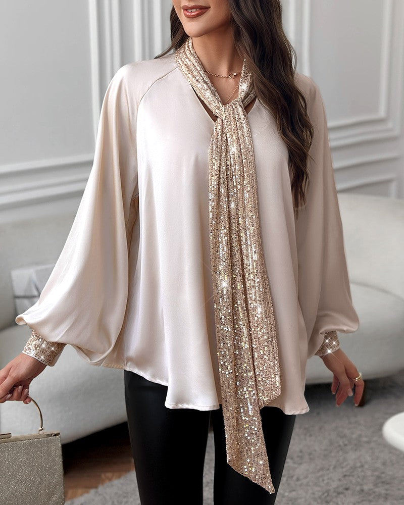 Tie Neck Contrast Sequin Lantern Sleeve Top